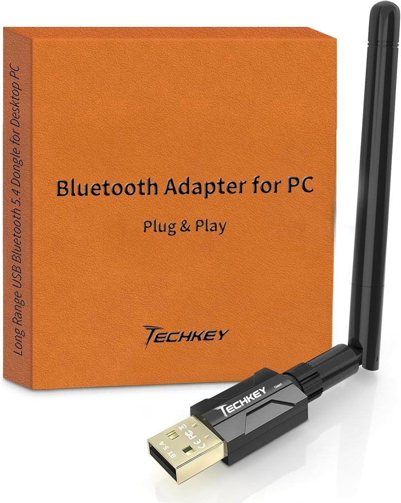 TECHKEY USB Bluetooth 5.4 Adapter for Desktop PC: Long Range 500FT Wireless Dongle with 5dBi Antenna Plug & Play for Laptop Windows 11/10/8.1, Pair BT Headphones/Headset/Speaker/Mouse/Keyboard/Printer - Image 1